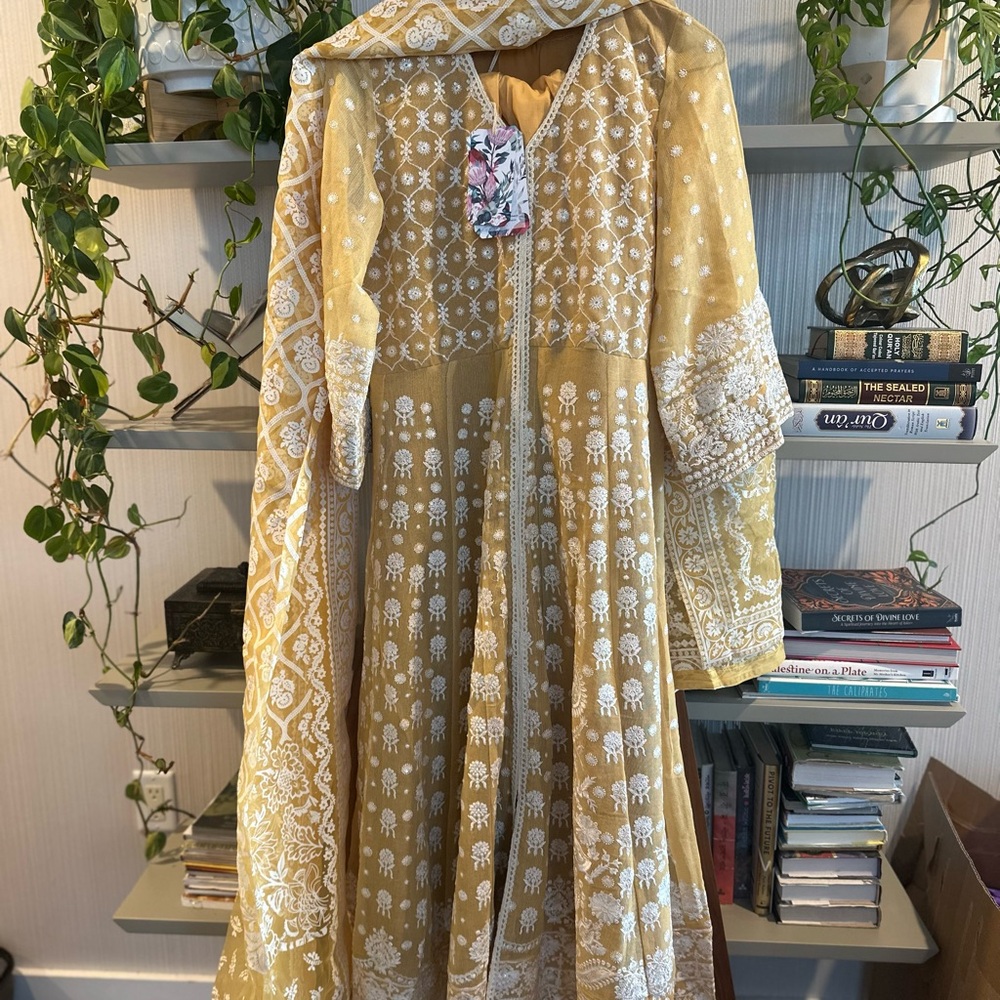 Pakistani Yellow and White Embroidered Long Sleeve Dress